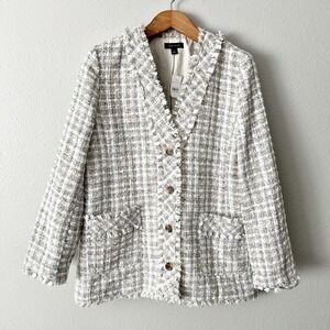 Ann Taylor Ivory Tweed Fringe Woven Jacket Cardigan Women's Size 14 NEW‎ Preppy